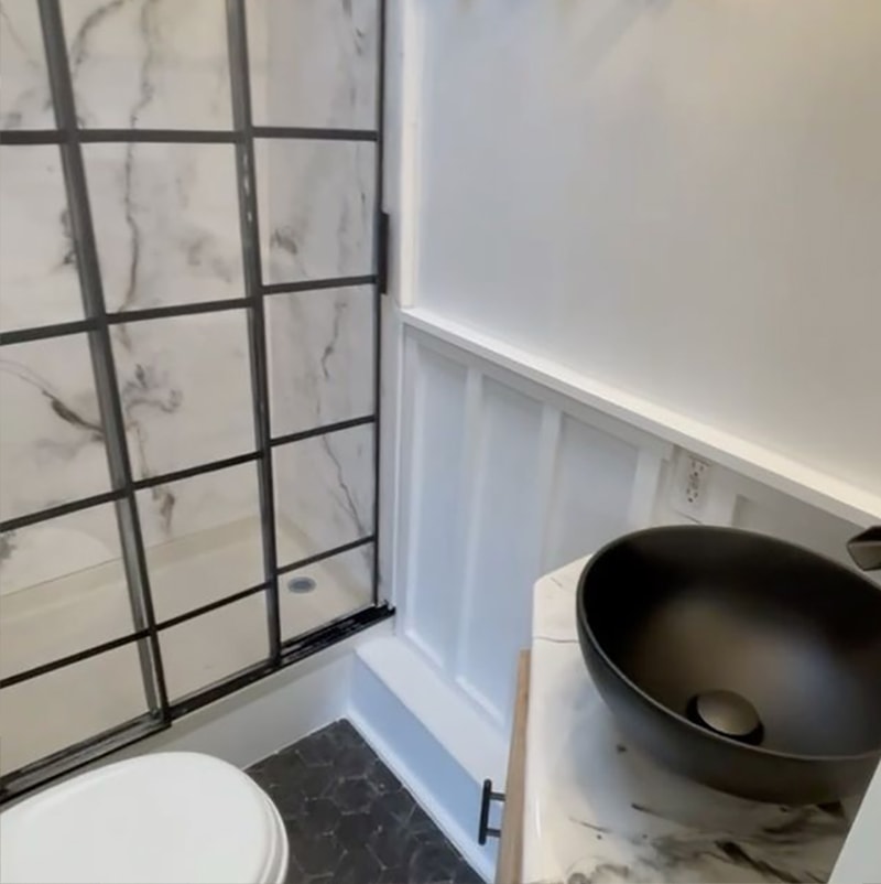 camper bathroom remodel with DIY epoxy shower
