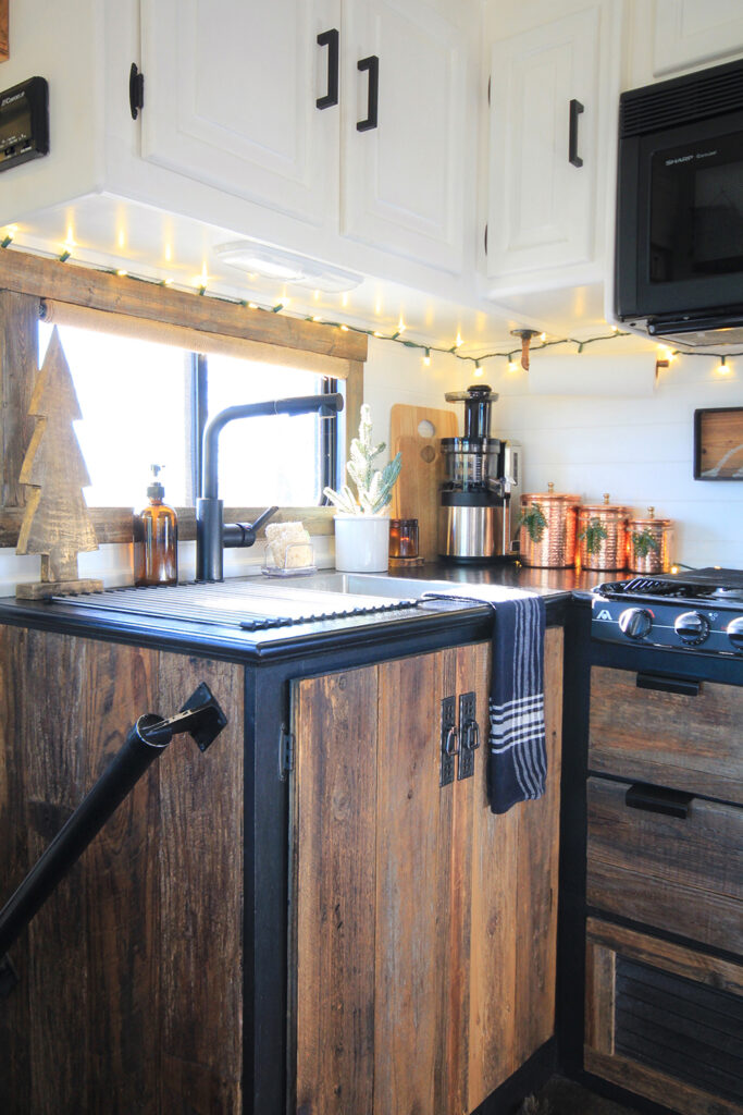 RV kitchen decorated for Christmas