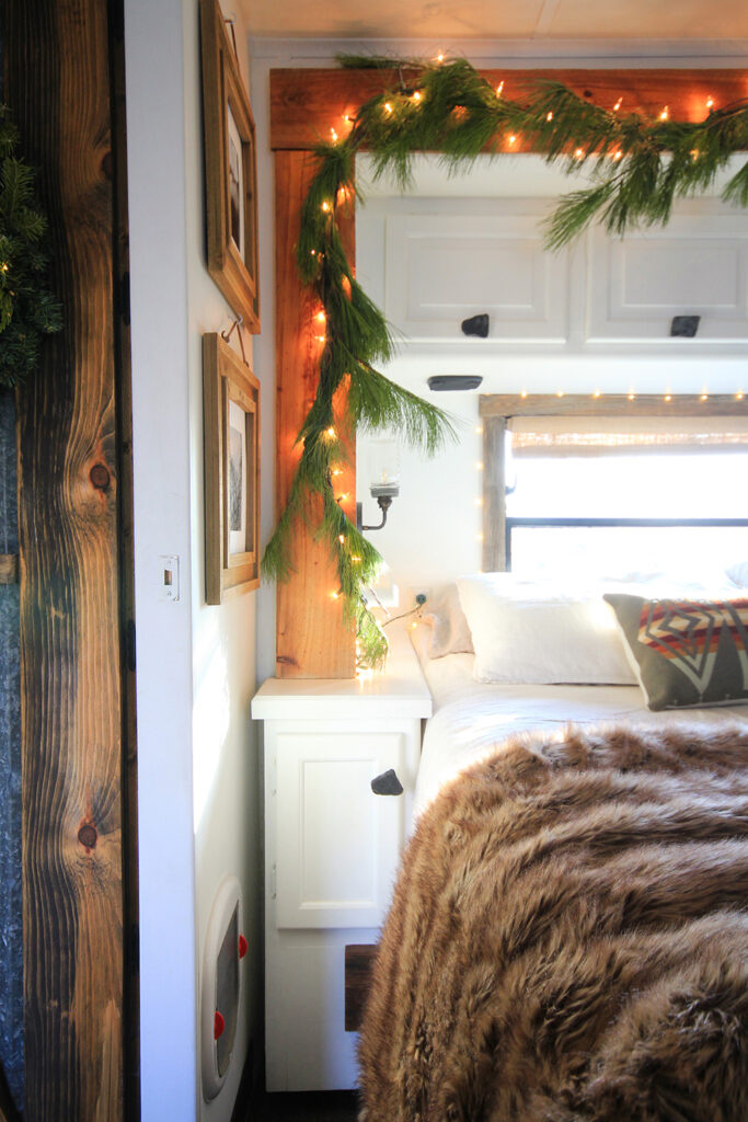 RV bedroom decorated for Christmas