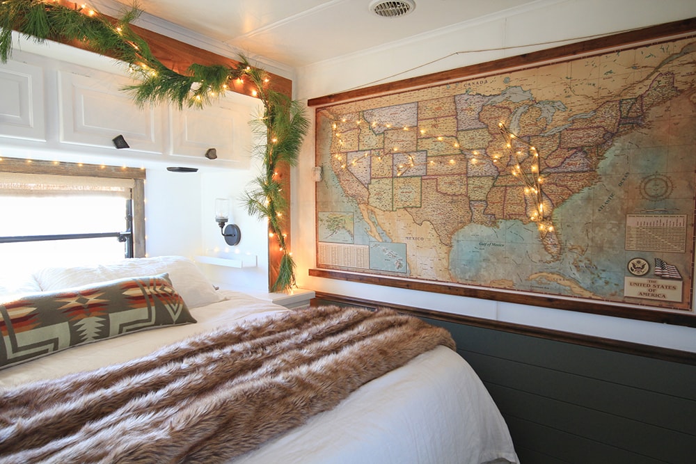 RV bedroom decorated for Christmas