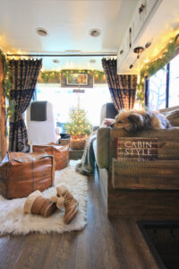 RV living room decorated for Christmas