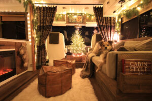 motorhome decorated for Christmas as night