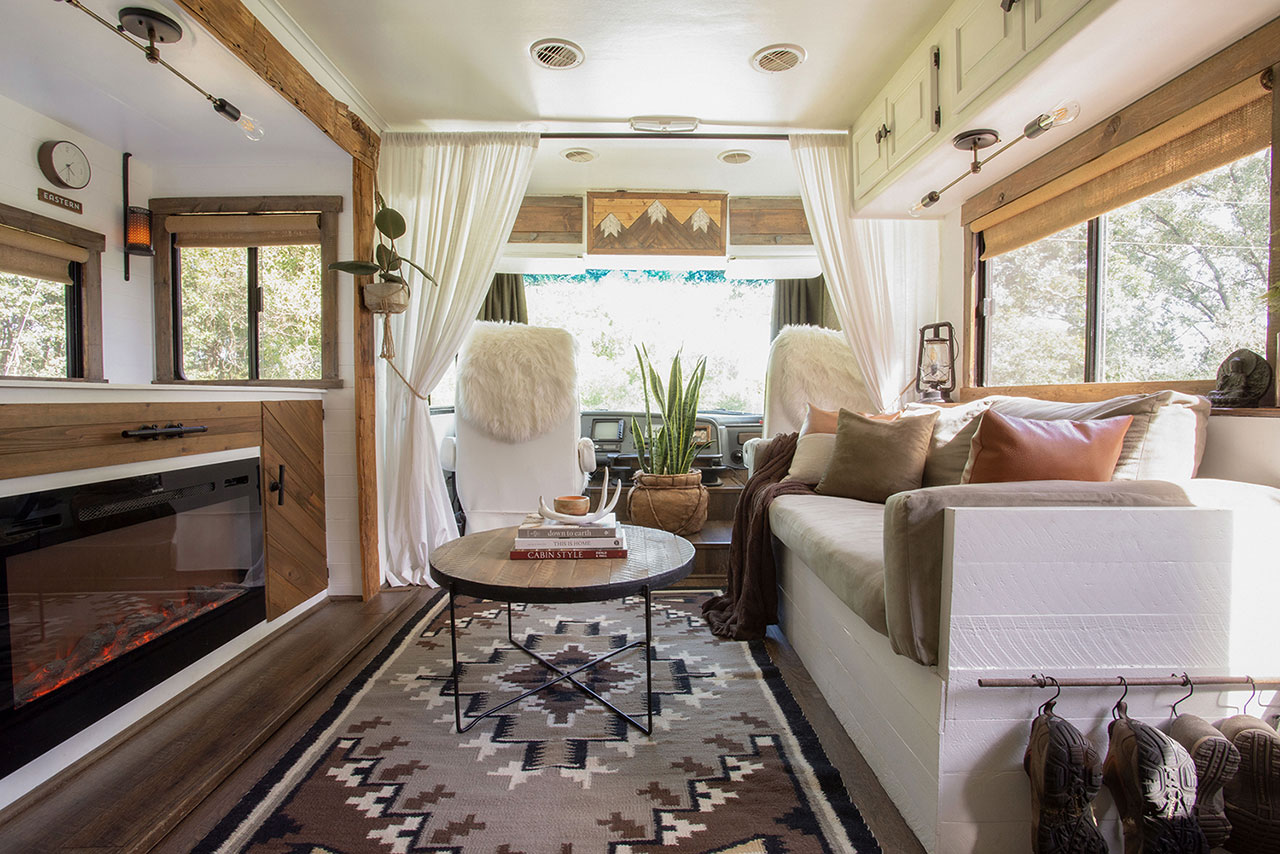 rustic modern motorhome interior with southwest rug