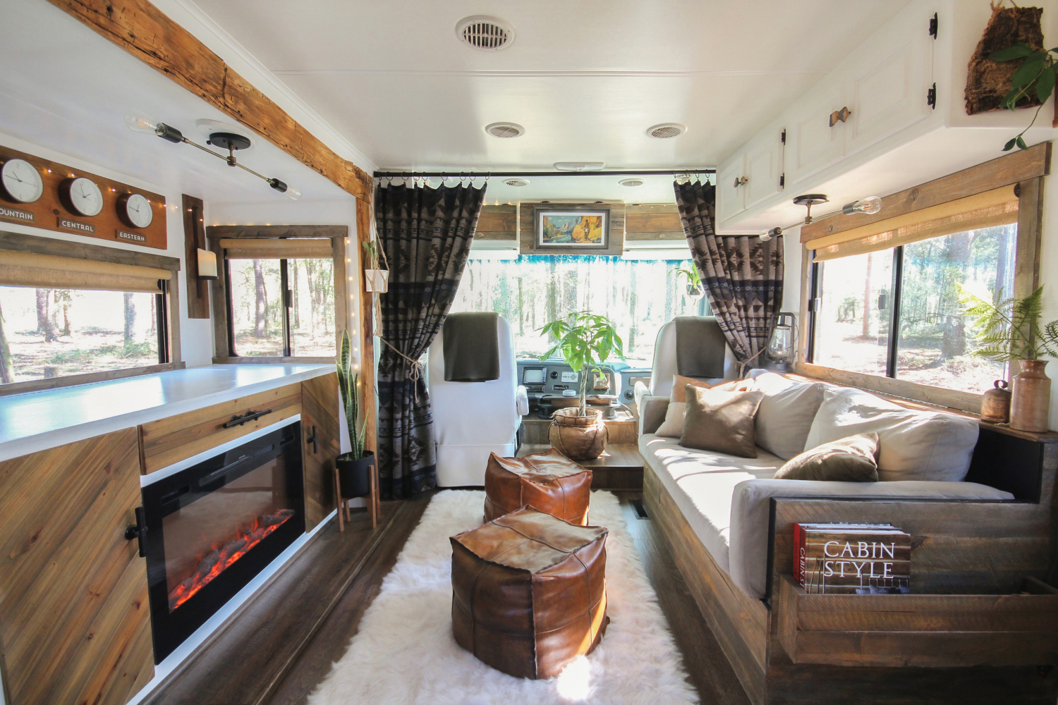 rustic RV interior with camp blanket curtains