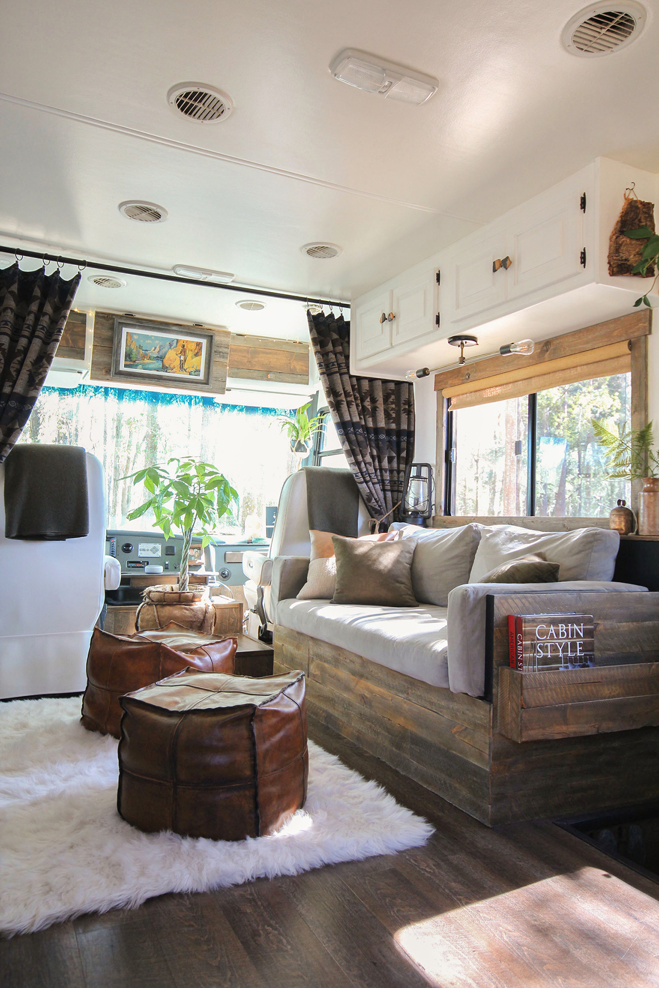 rustic motorhome interior with camp blankets as RV curtains