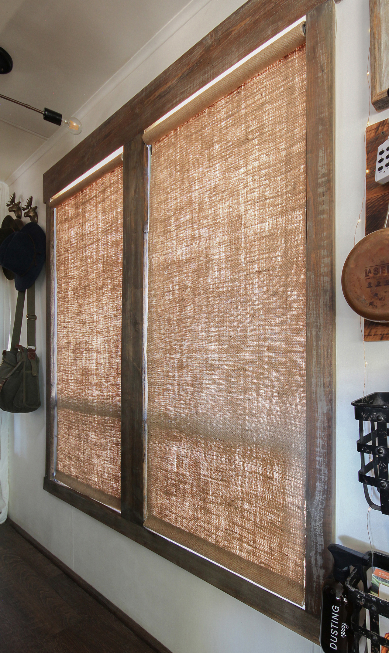 RV windows with natural burlap roller shades