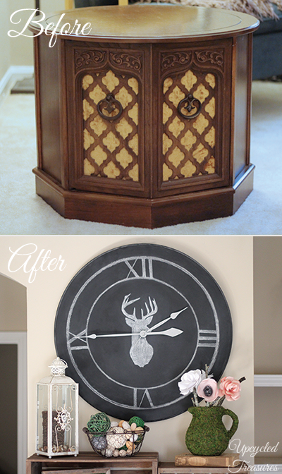 How to Upcycle a Table into a Clock! See how to transform an outdated thrift shop table into something new for a gallery wall! UpcycledTreasures.com